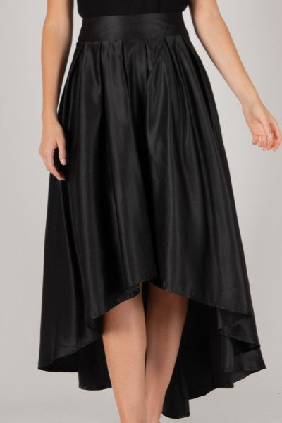 MIDNIGHT GLAM SATIN HI-LOW SKIRT--BLACK