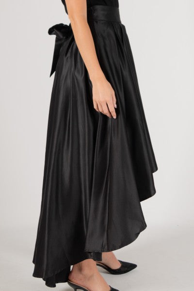 MIDNIGHT GLAM SATIN HI-LOW SKIRT--BLACK