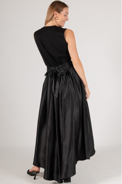 MIDNIGHT GLAM SATIN HI-LOW SKIRT--BLACK