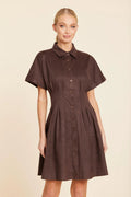 FAUX SUEDE PINTUCK WAIST DRESS-BROWN