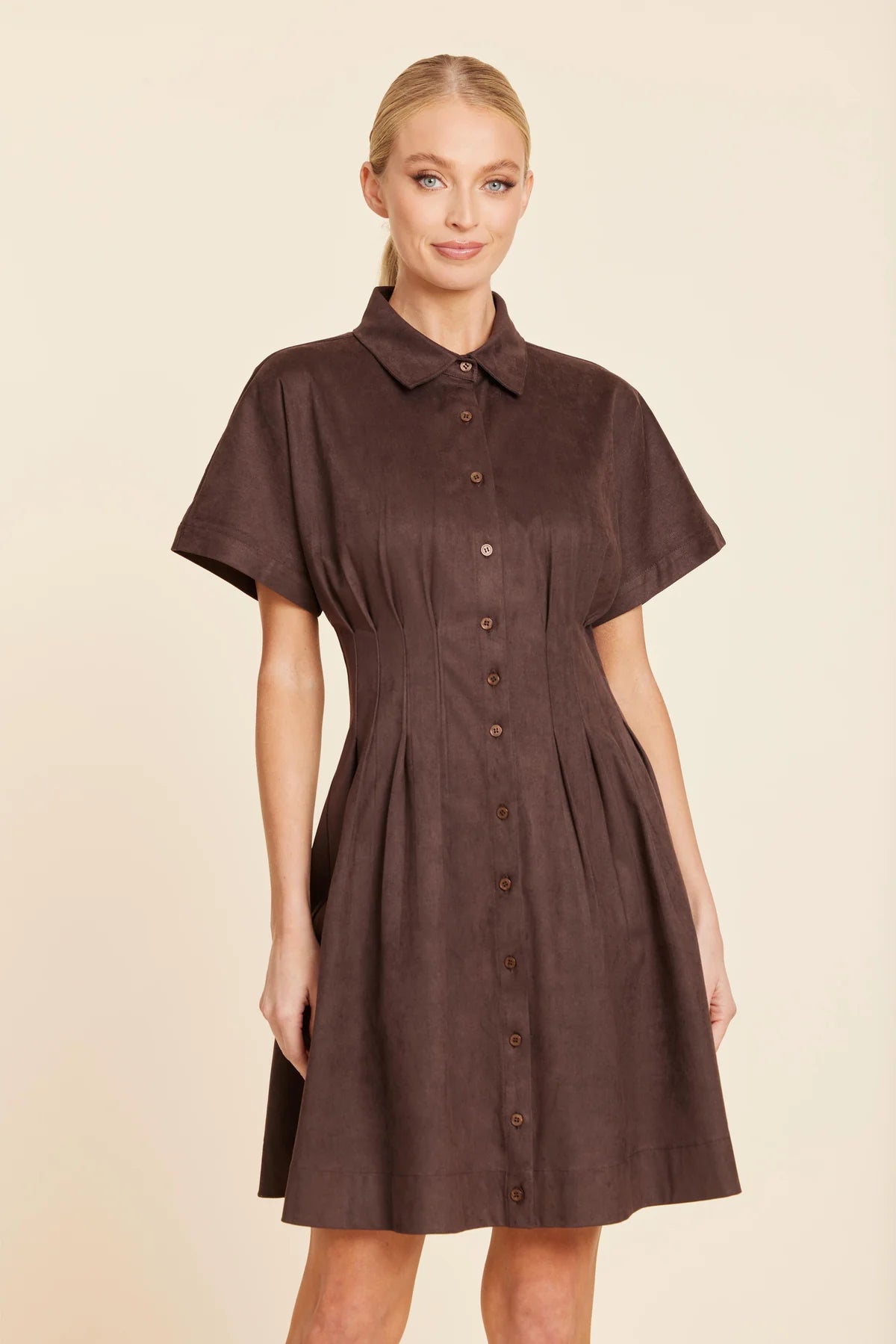 FAUX SUEDE PINTUCK WAIST DRESS-BROWN