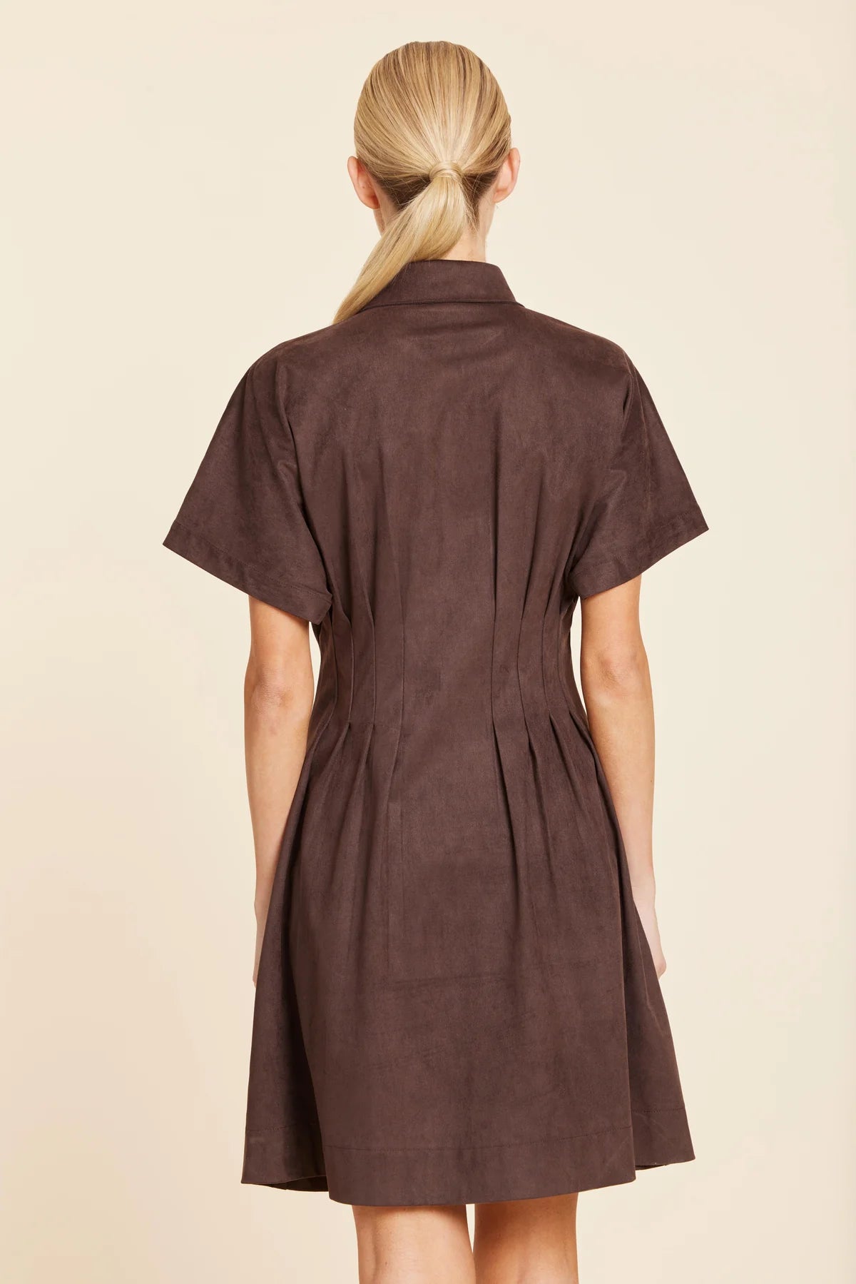 FAUX SUEDE PINTUCK WAIST DRESS-BROWN