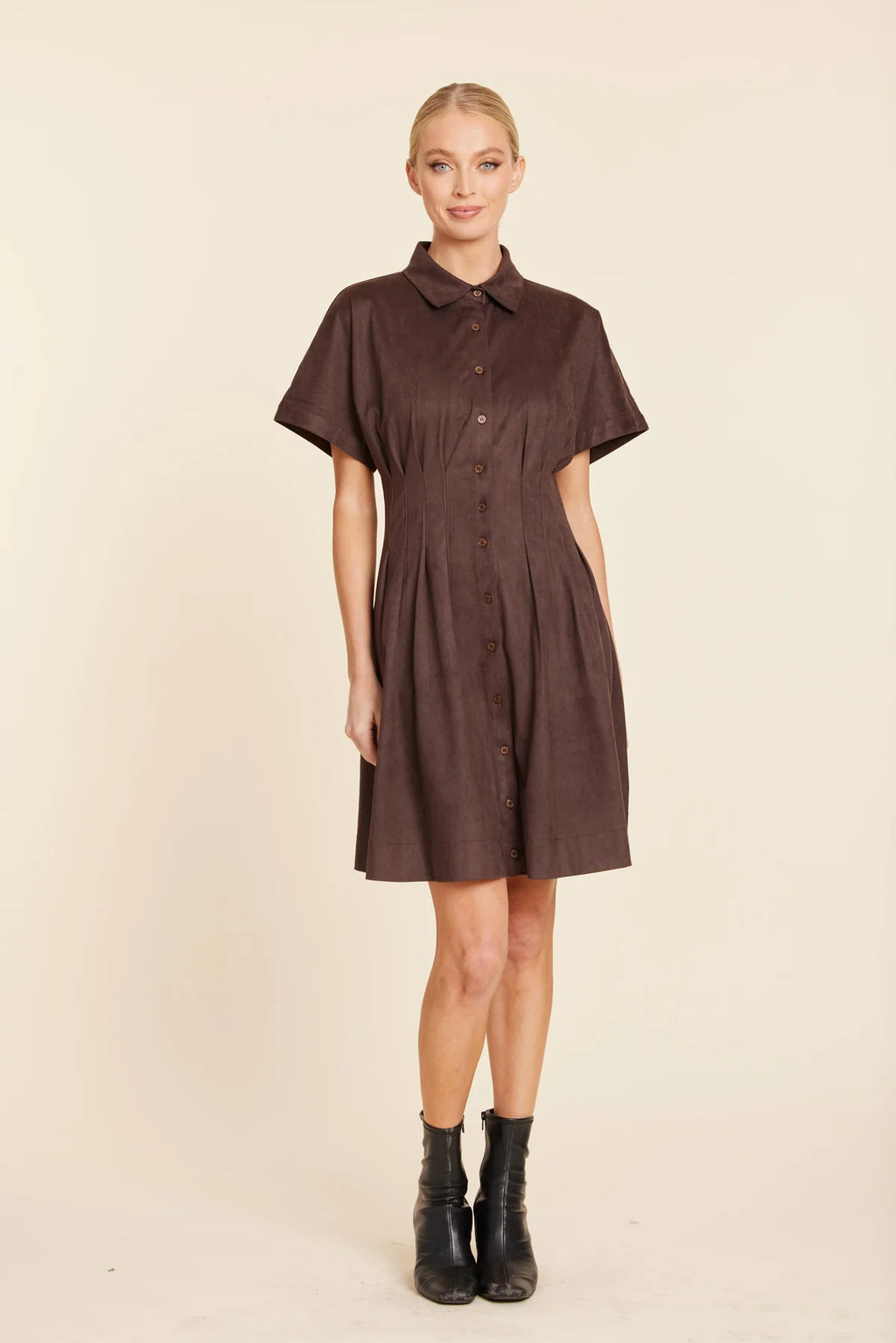 FAUX SUEDE PINTUCK WAIST DRESS-BROWN