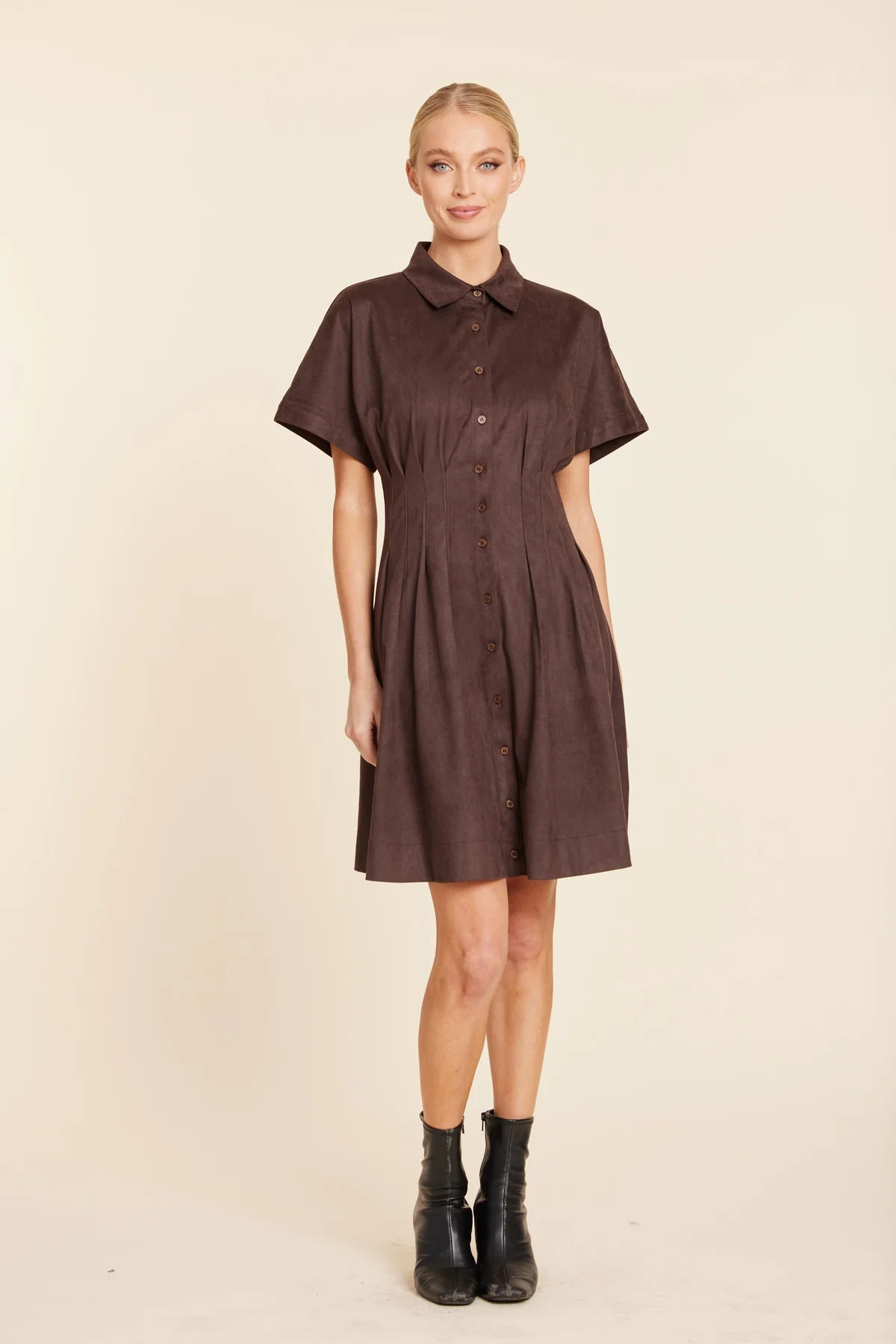 FAUX SUEDE PINTUCK WAIST DRESS-BROWN