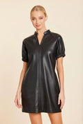 FAUX LEATHER V-NECK SHORT SLEEVE DRESS--BLACK