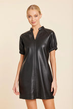 FAUX LEATHER V-NECK SHORT SLEEVE DRESS--BLACK