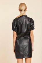 FAUX LEATHER V-NECK SHORT SLEEVE DRESS--BLACK