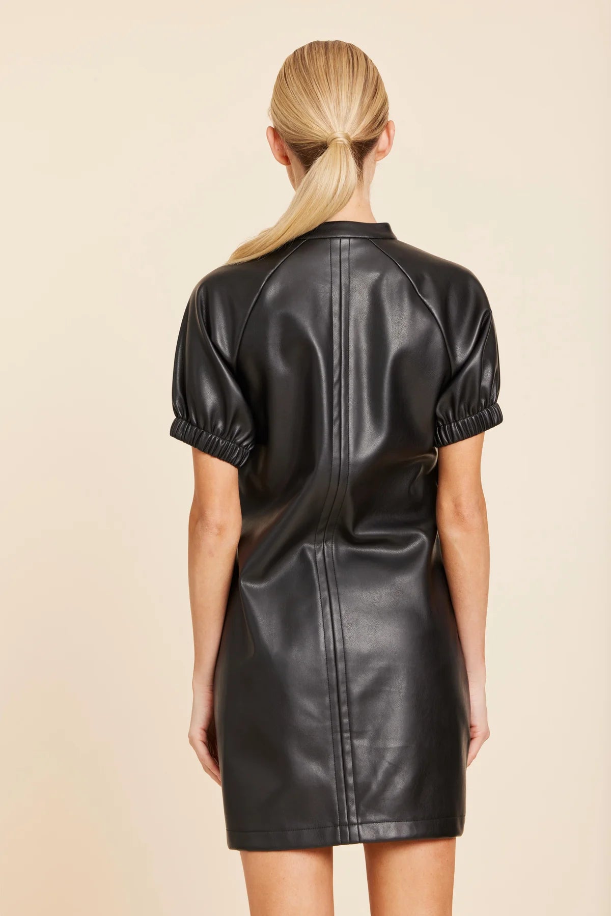 FAUX LEATHER V-NECK SHORT SLEEVE DRESS--BLACK