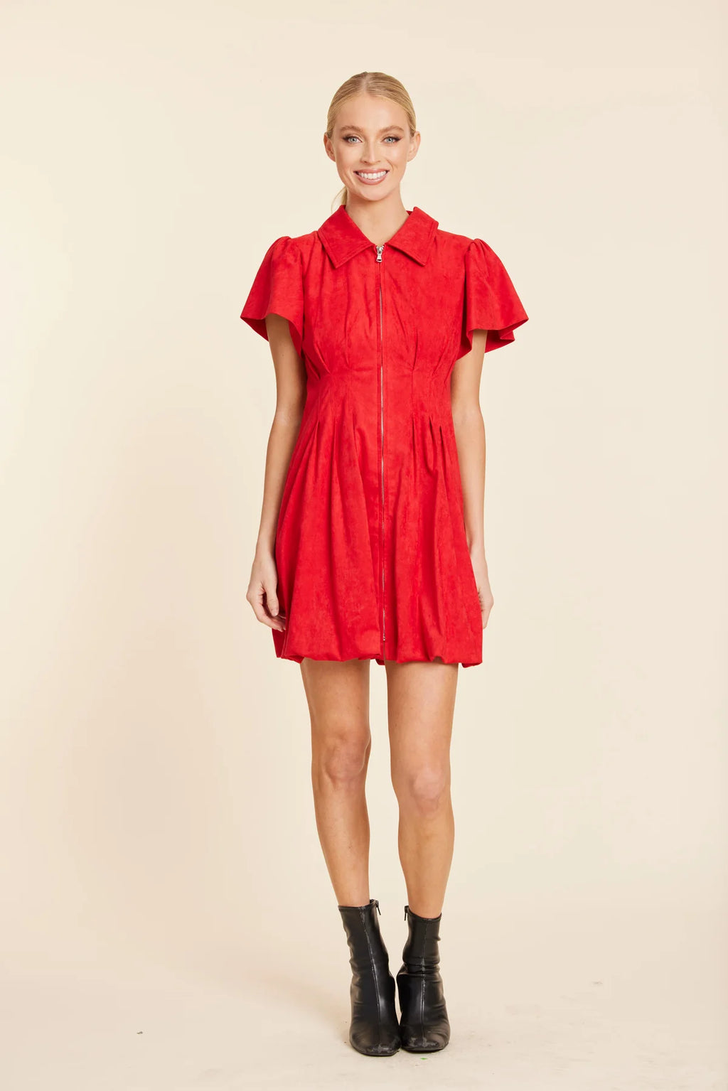 FAUX SUEDE BUBBLE DRESS--RED