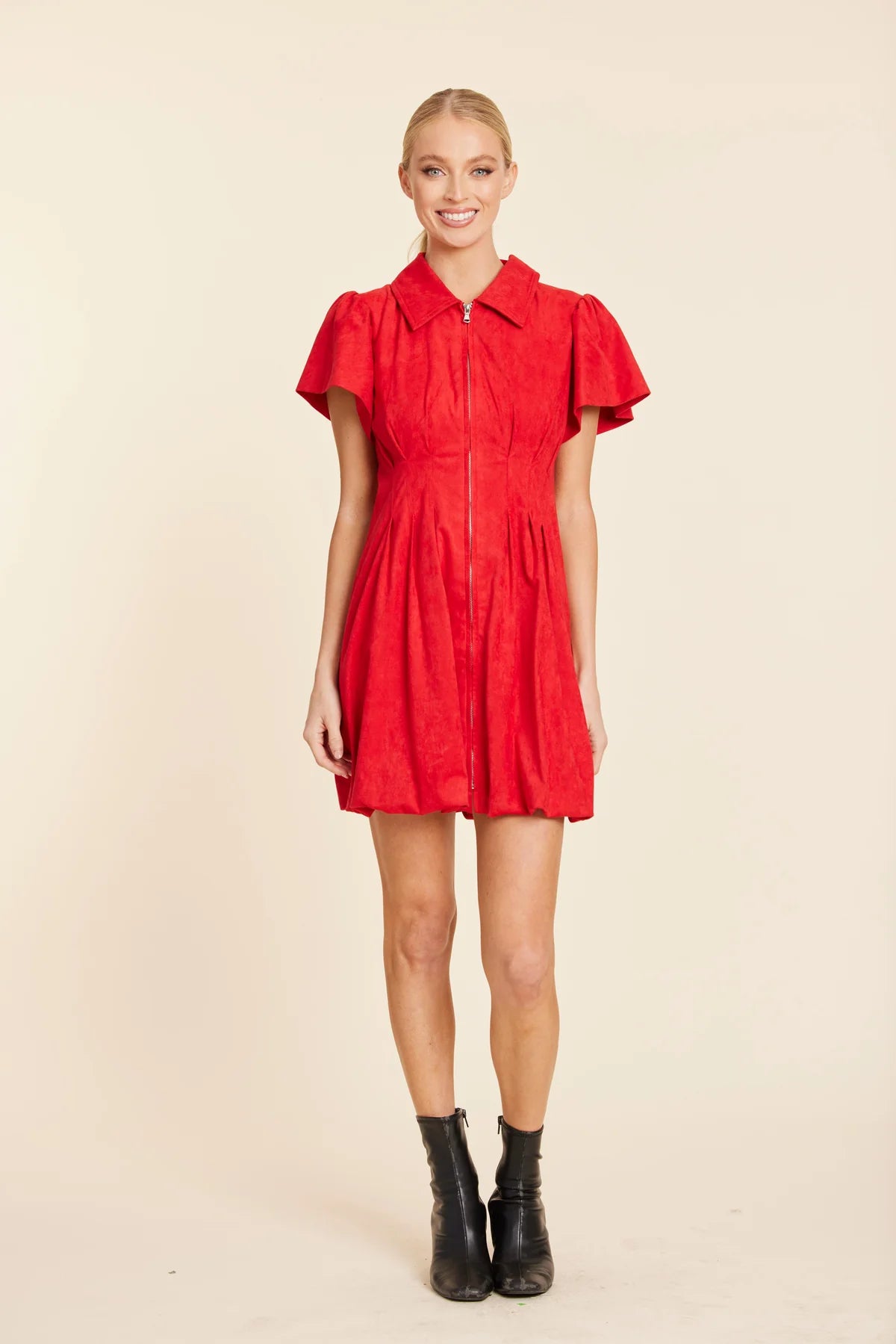 FAUX SUEDE BUBBLE DRESS--RED