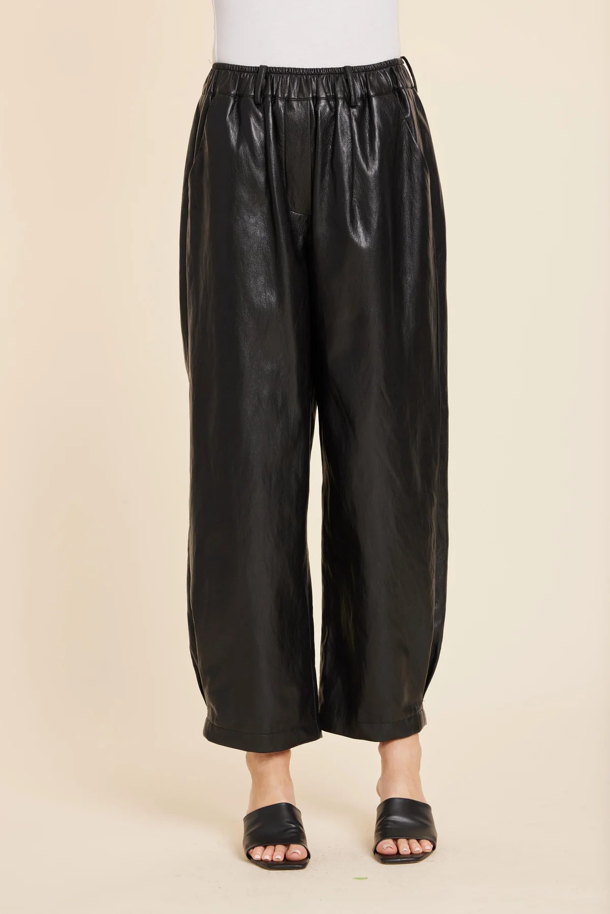 FAUX LEATHER BARREL LEG PANT--BLACK