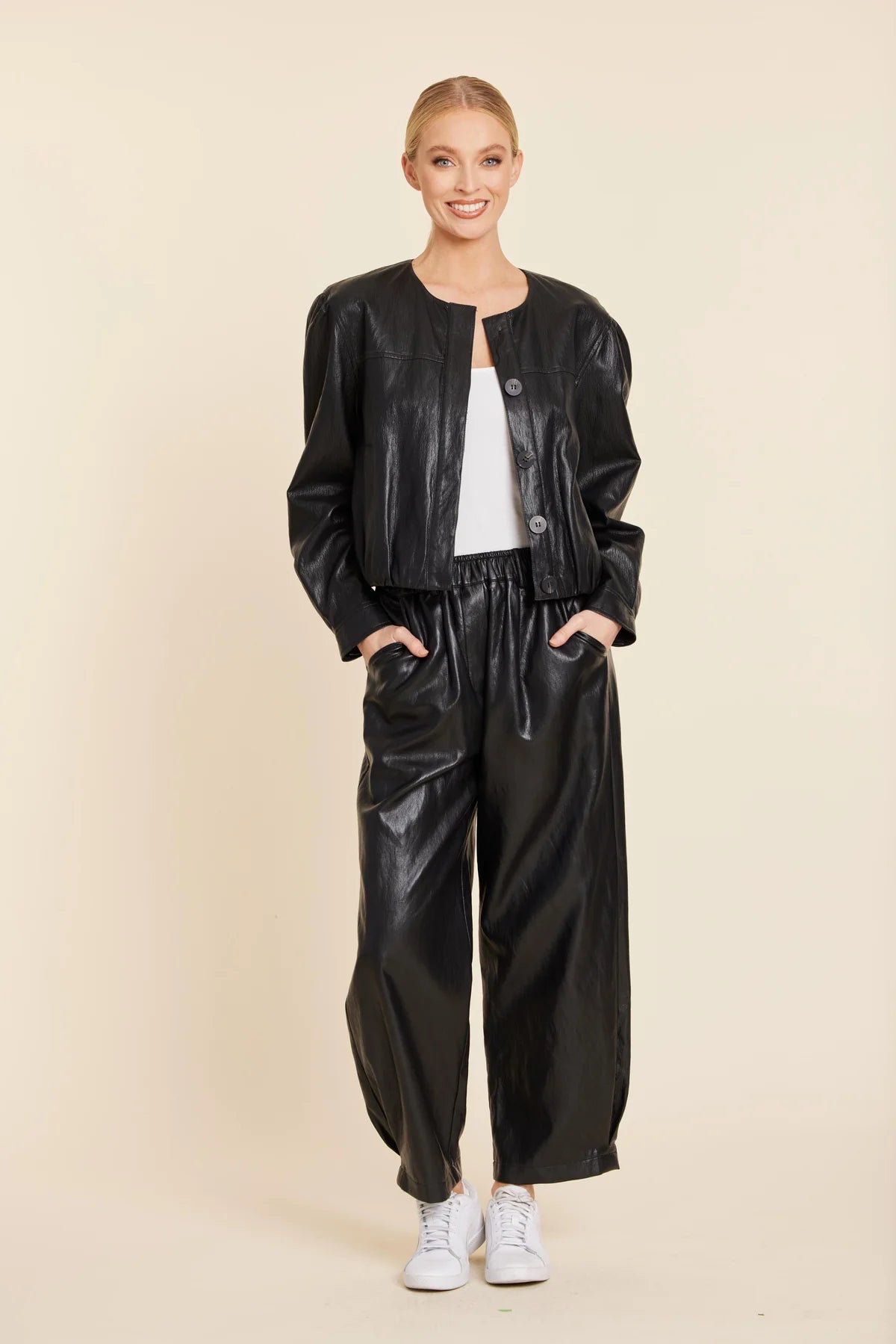 FAUX LEATHER BARREL LEG PANT--BLACK