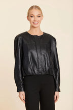 FAUX LEATHER INVERTED BACK PLEATED JACKET--BLACK