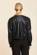 FAUX LEATHER INVERTED BACK PLEATED JACKET--BLACK