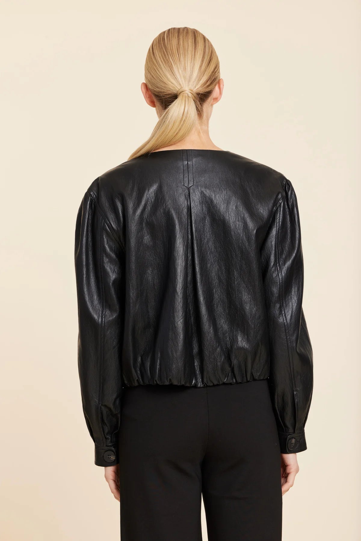 FAUX LEATHER INVERTED BACK PLEATED JACKET--BLACK