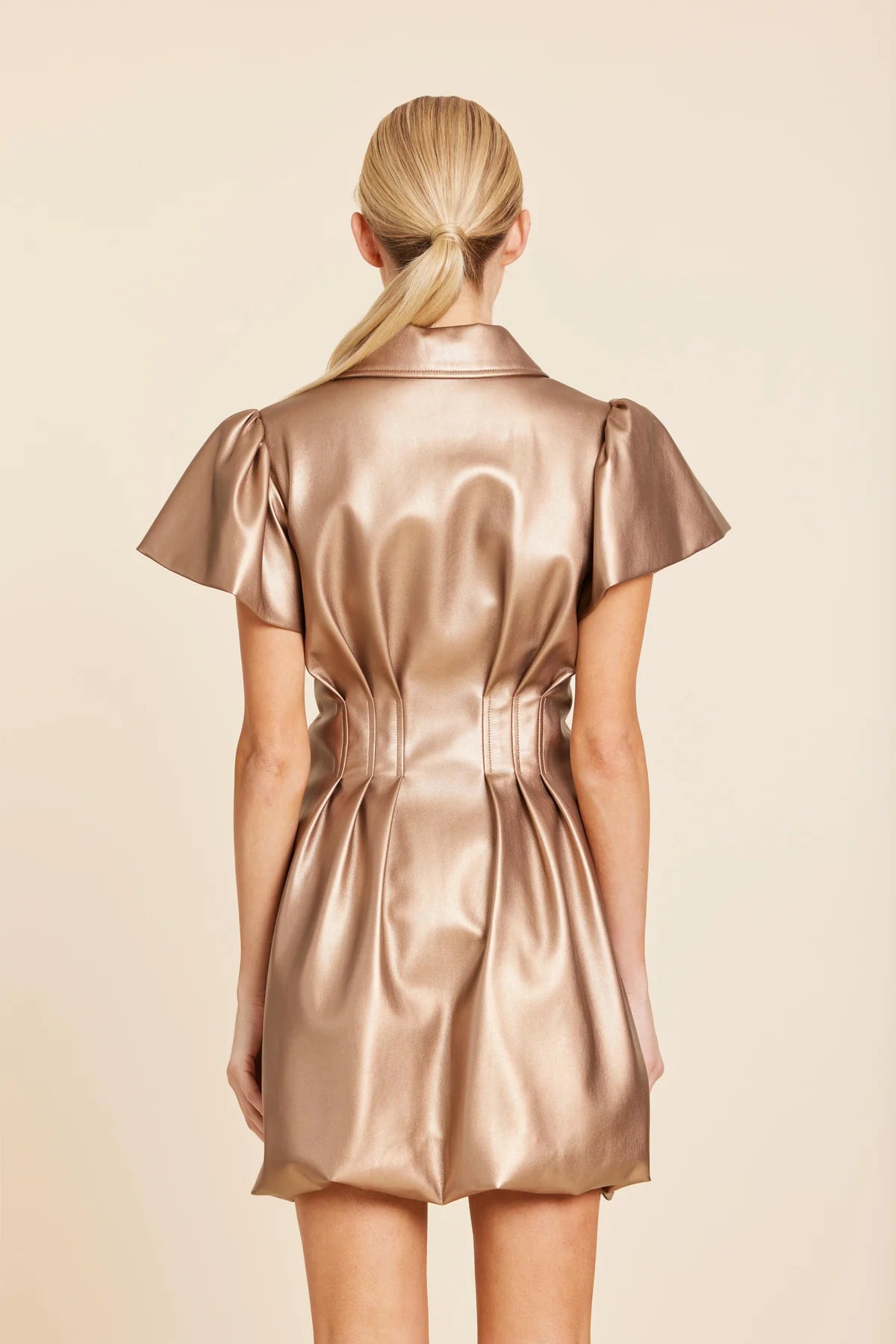 FAUX LEATHER ZIP BUBBLE DRESS--BRONZE