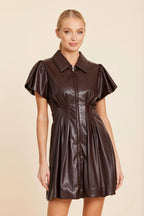 FAUX LEATHER ZIP BUBBLE DRESS--COFFEE