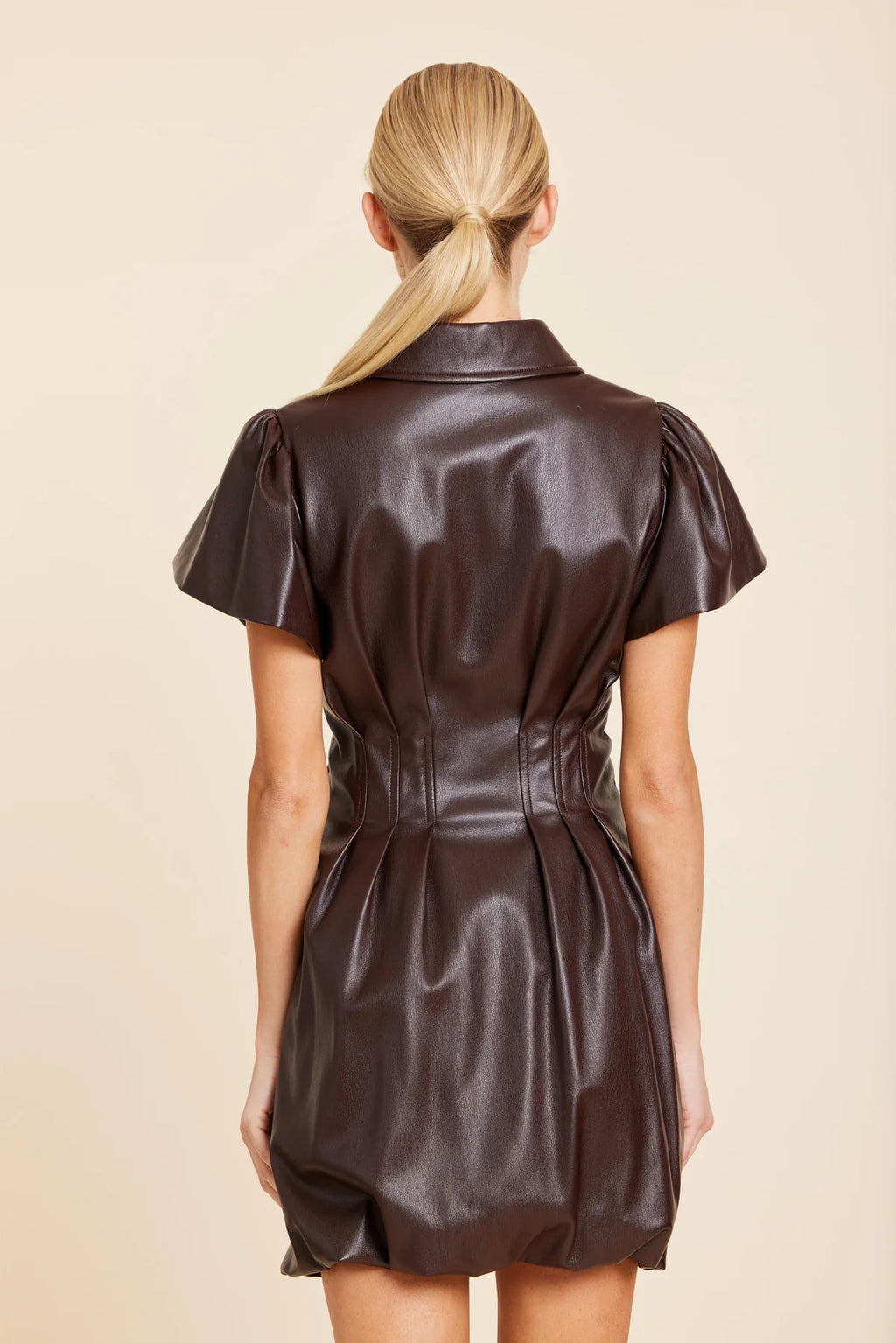 FAUX LEATHER ZIP BUBBLE DRESS--COFFEE