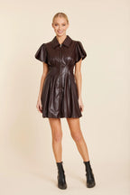 FAUX LEATHER ZIP BUBBLE DRESS--COFFEE