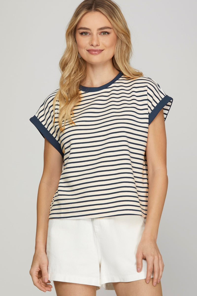 CONTRAST RIB STRIPED KNIT TOP--NAVY MIX