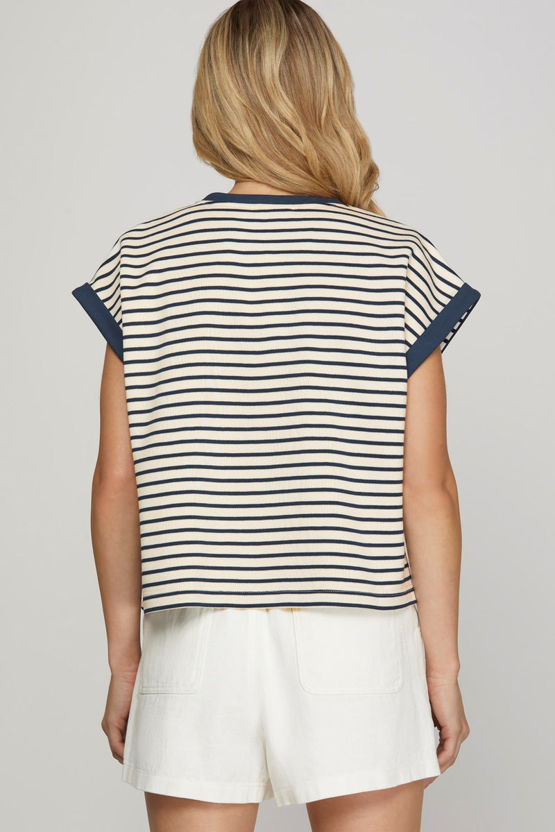 CONTRAST RIB STRIPED KNIT TOP--NAVY MIX