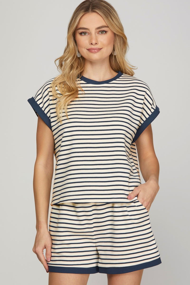 CONTRAST RIB STRIPED KNIT TOP--NAVY MIX