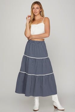 WOVEN TIERED MIDI SKIRT--NAVY