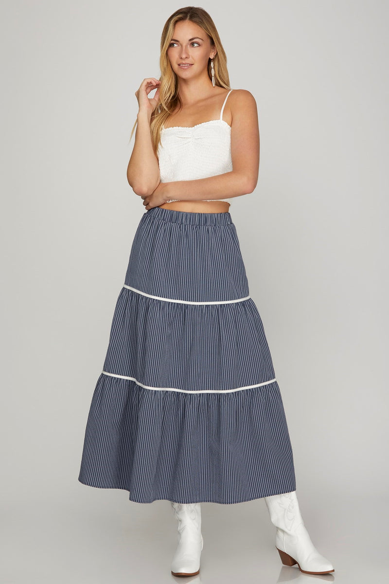 WOVEN TIERED MIDI SKIRT--NAVY