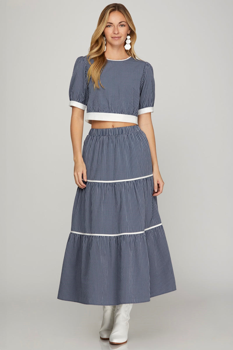 WOVEN TIERED MIDI SKIRT--NAVY