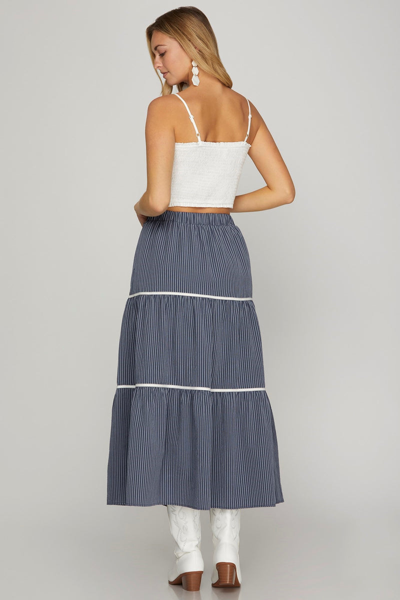 WOVEN TIERED MIDI SKIRT--NAVY