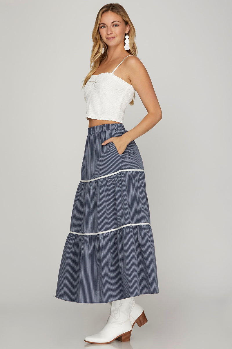 WOVEN TIERED MIDI SKIRT--NAVY