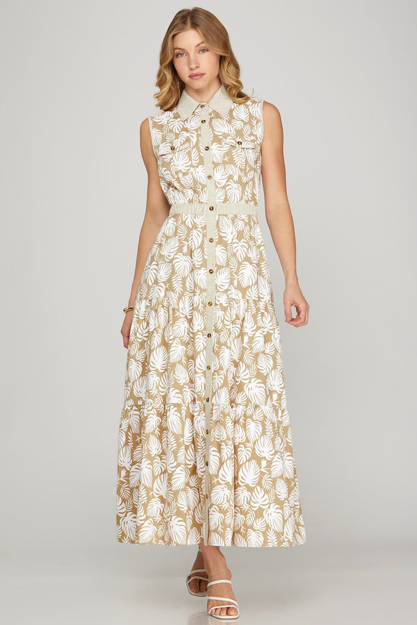 TROPICAL PRINT MAXI DRESS--TAUPE