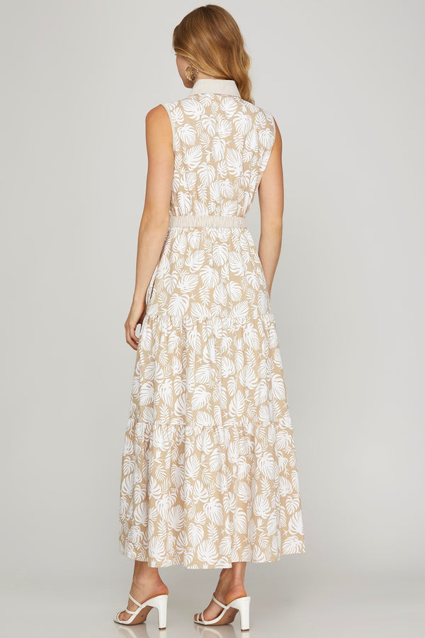TROPICAL PRINT MAXI DRESS--TAUPE