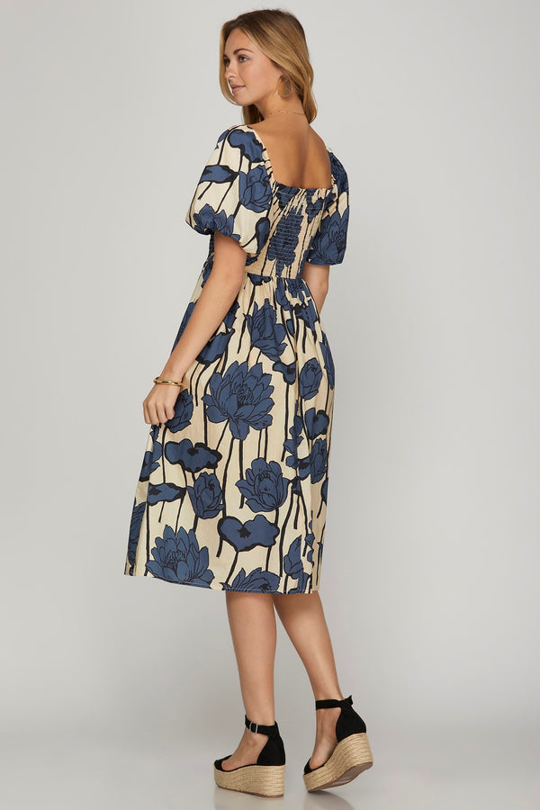 PUFF SLEEVE SMOCKED MIDI DRESS--BLUE