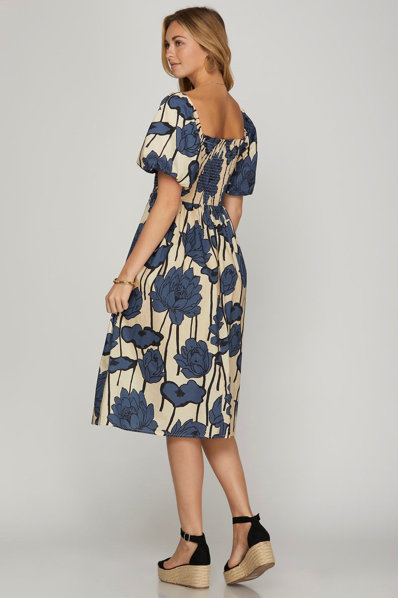PUFF SLEEVE SMOCKED MIDI DRESS--BLUE