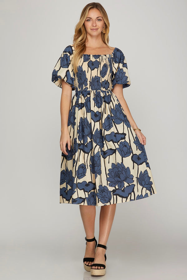 PUFF SLEEVE SMOCKED MIDI DRESS--BLUE