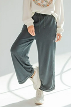 MINERAL WASHED TERRY KNIT WIDE LEG PANTS--BLACK