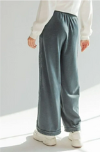 MINERAL WASHED TERRY KNIT WIDE LEG PANTS--BLACK