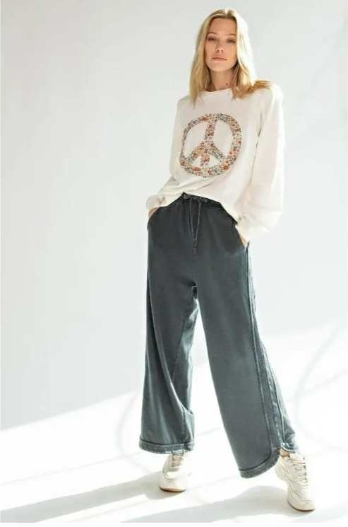 MINERAL WASHED TERRY KNIT WIDE LEG PANTS--BLACK