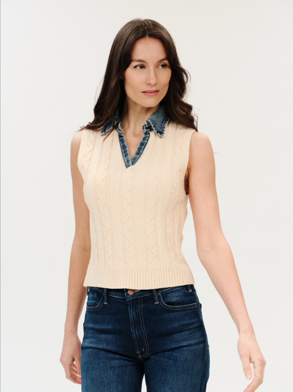 SIX FIFTY SLEEVELESS SWEATER VEST WITH DENIM COLLAR