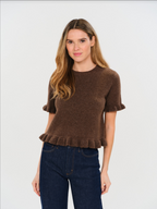 CLEO RUFFLE EDGING SWEATER--BROWN