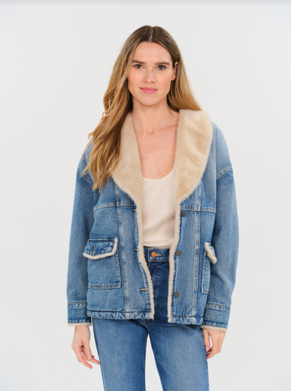 WYNN FAUX SHERPA SHAWL DENIM JACKET