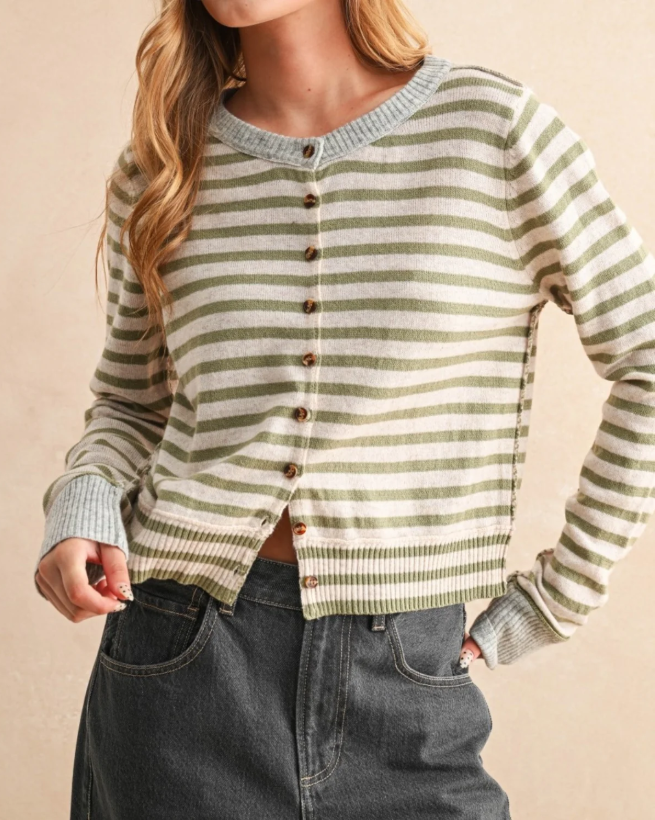 STRIPED BUTTON UP CARDIGAN--OLIVE/OAT/GREY