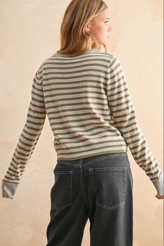 STRIPED BUTTON UP CARDIGAN--OLIVE/OAT/GREY