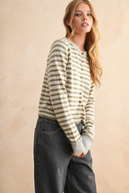 STRIPED BUTTON UP CARDIGAN--OLIVE/OAT/GREY