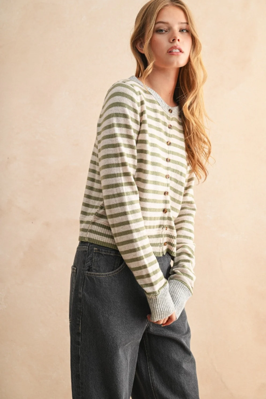 STRIPED BUTTON UP CARDIGAN--OLIVE/OAT/GREY