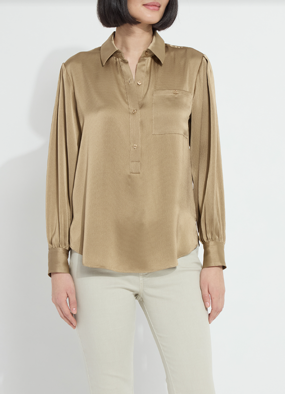 LYSSE MABEL COLLARED POPOVER SHIRT--GOLDEN OLIVE
