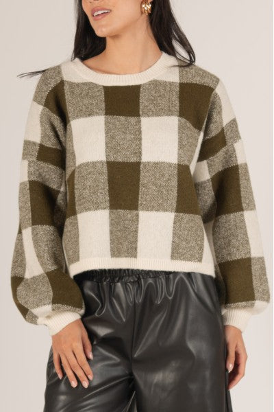 PLAID SWEATER--OLIVE