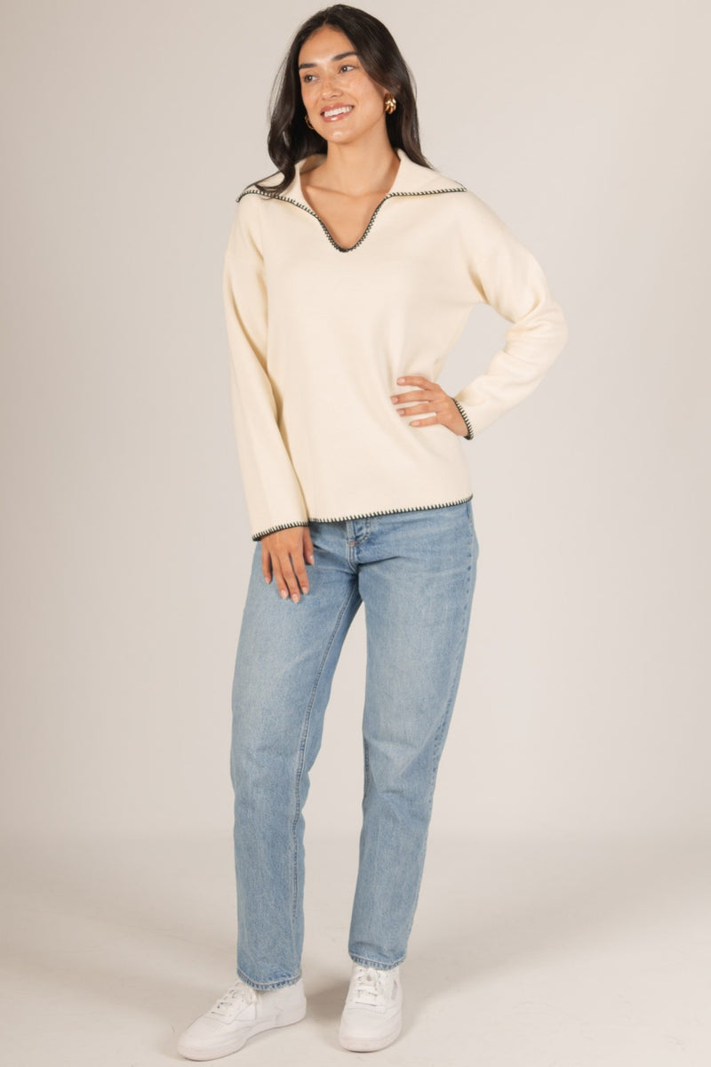 KEEP ME WARM STICH DETAILED SWEATER--CREAM