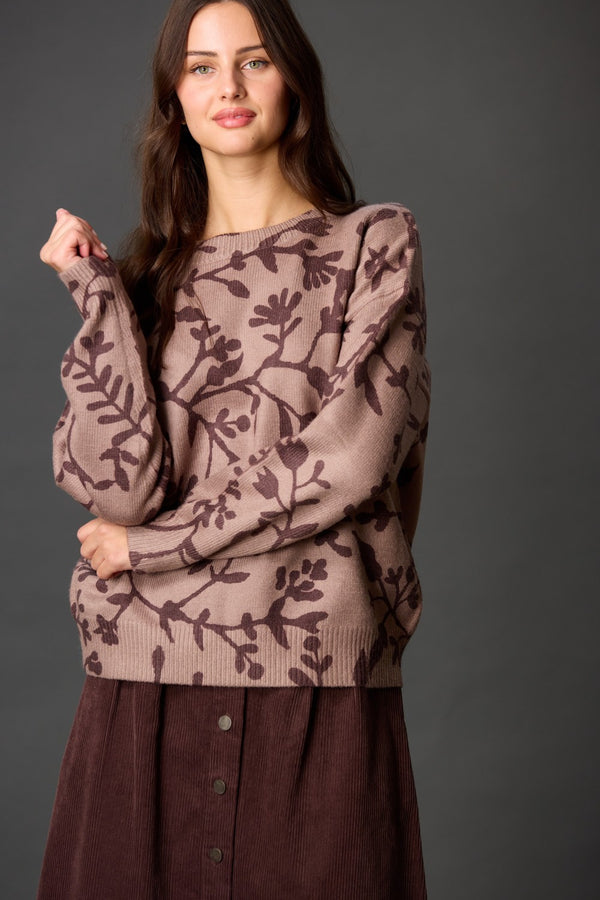 FLORAL PRINT SWEATER--BROWN/MOCHA